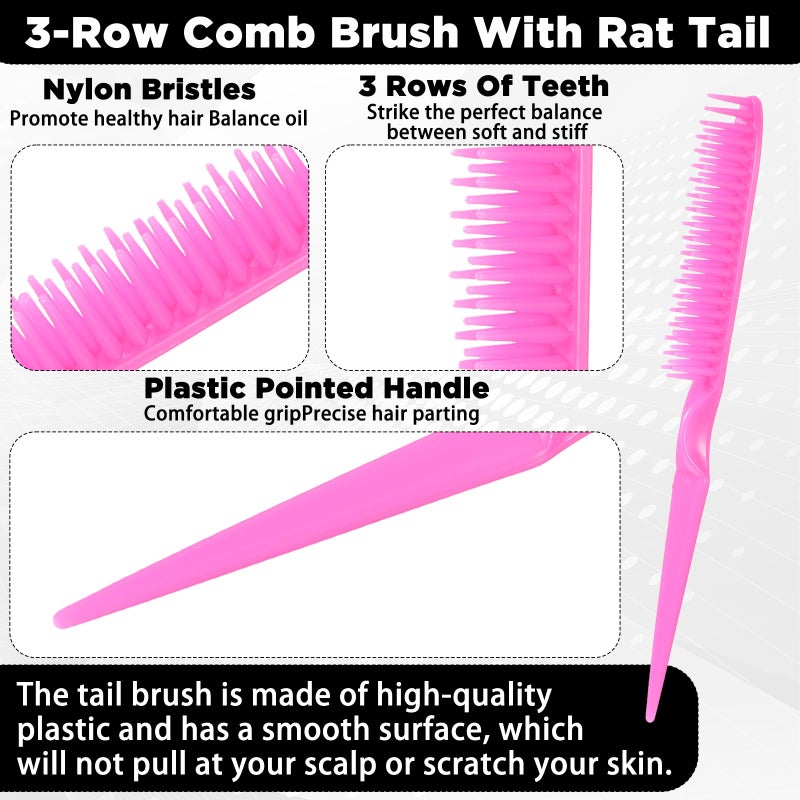 Qulkws 3 Row Hair Comb Set Rat Tail Styling Comb Curly Hair Styling Brush Rose Pink Unbraider Combs for Women Men Detangling Styling(2PCS) - Image 3